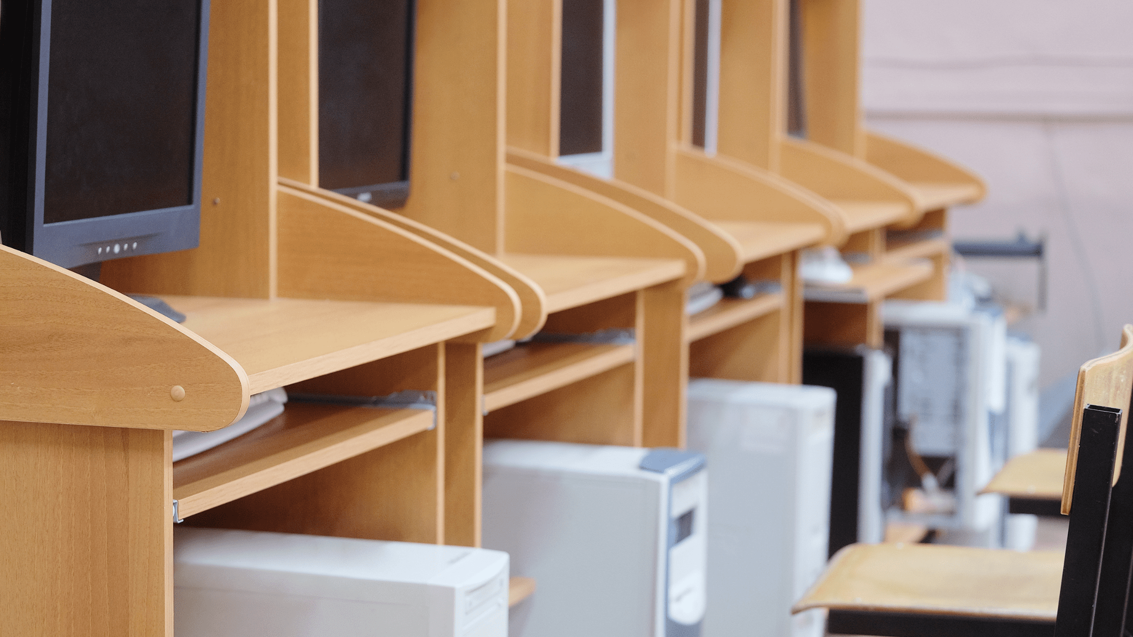 A row of computer booths for MCAT Test Day.